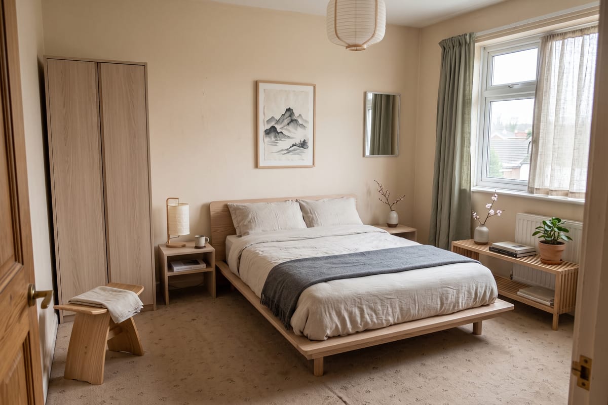 Dated beige bedroom redesigned as a calm Japandi bedroom