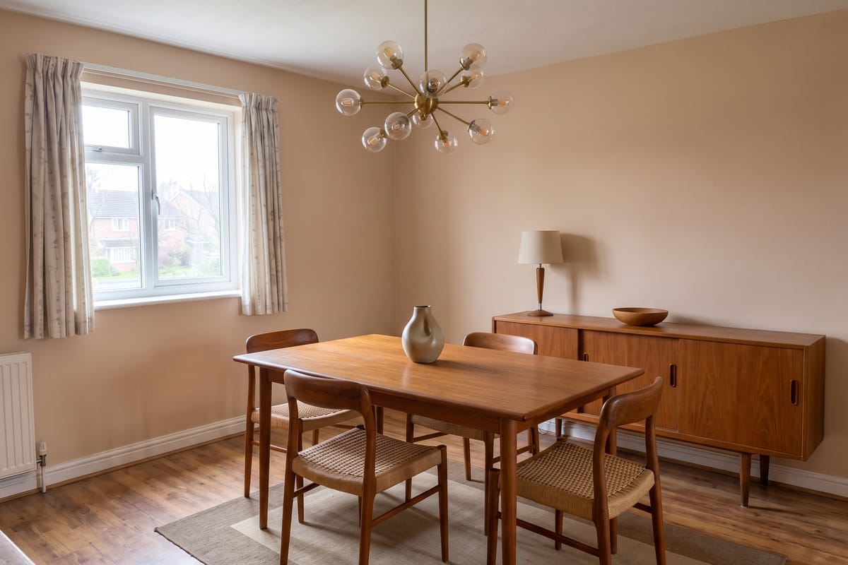 Plain dining room redesigned in mid-century modern style