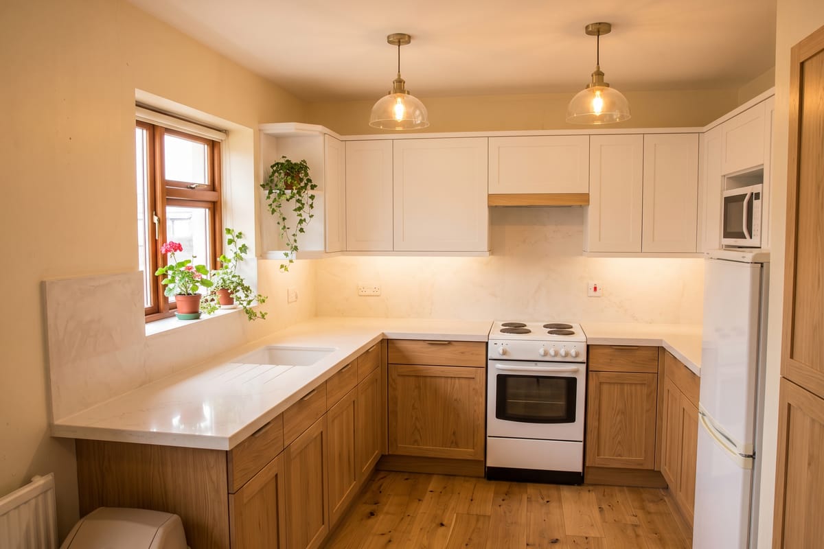 Dated oak kitchen redesigned as a light Scandinavian kitchen
