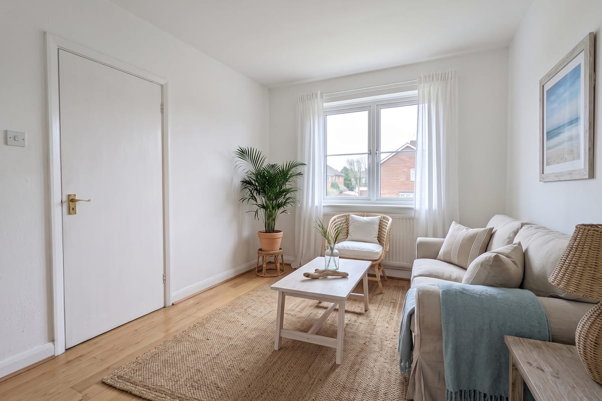 Empty white living room redesigned in a light coastal style