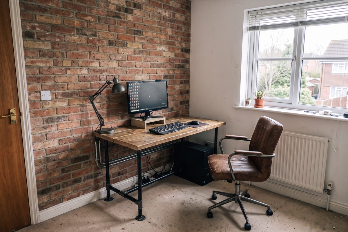Plain spare-room office redesigned as an industrial home office