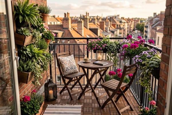 Small apartment balcony with a bistro set, deck tiles and planters