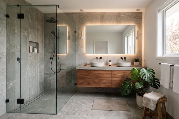 Redesigned bathroom with stone tiles, walk-in shower and walnut vanity