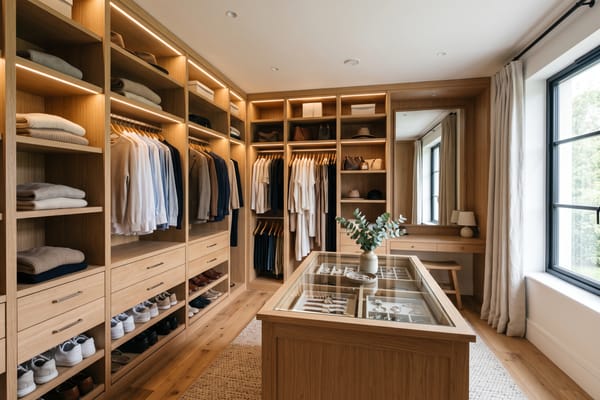 Walk-in closet with fitted oak wardrobes and an island