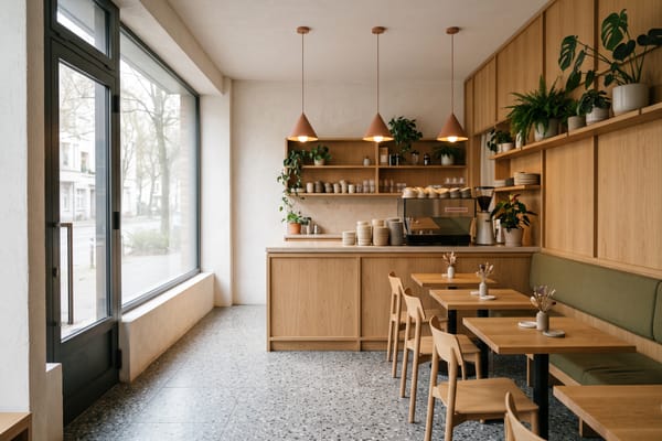 Warm modern cafe interior with a timber counter and banquette seating