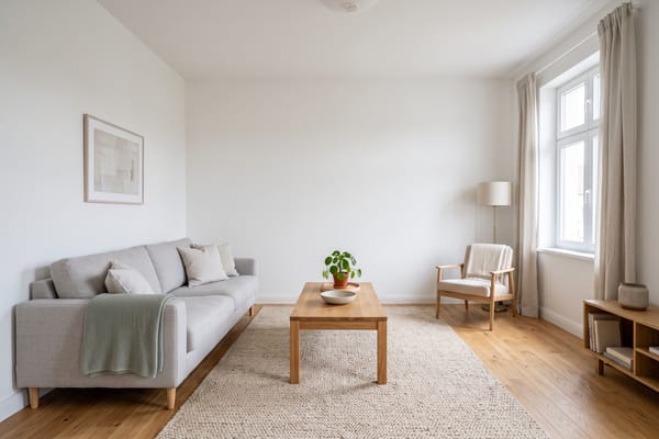 Tidy, decluttered living room with freshly repaired white walls