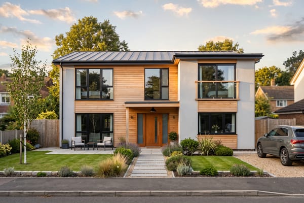 Exterior of a modern two-storey family house after a facade redesign
