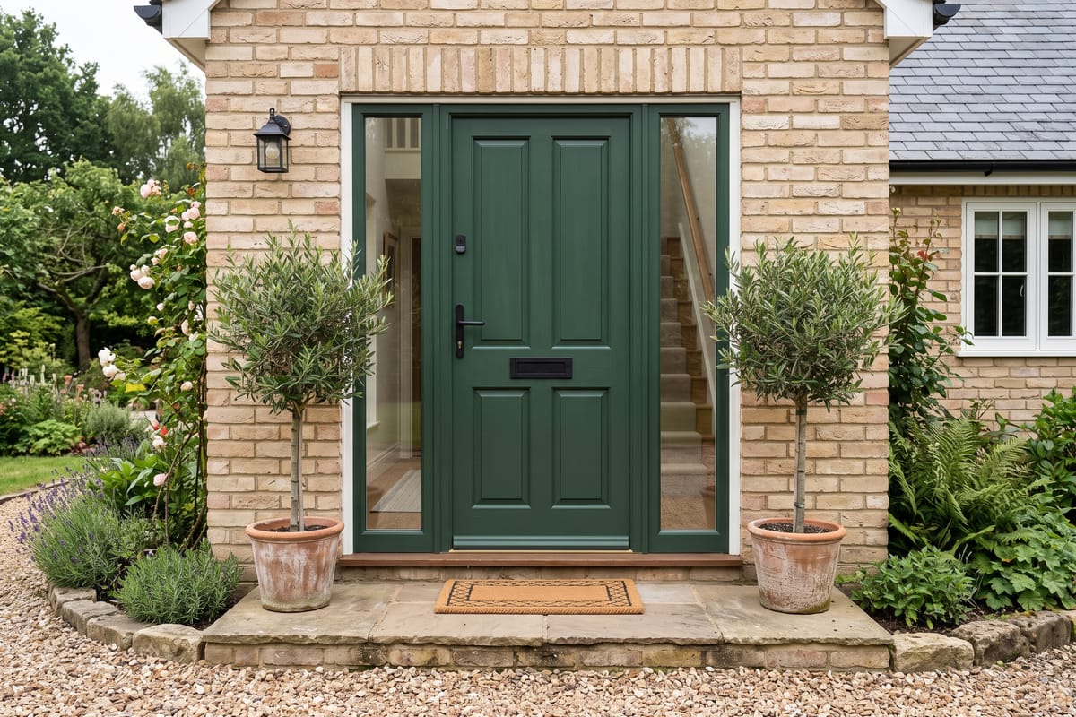 House entrance with a new deep-green front door and sidelights