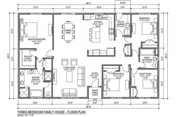 Labelled 2D floor plan of a three-bedroom family house