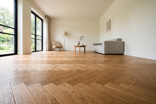 Living room with a new oak herringbone parquet floor