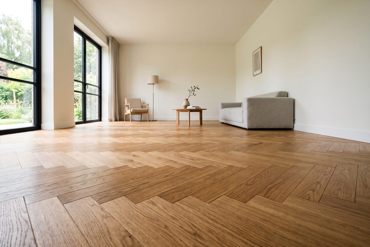 Living room with a new oak herringbone parquet floor