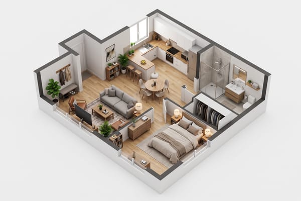 Isometric 3D cutaway render of a furnished one-bedroom apartment