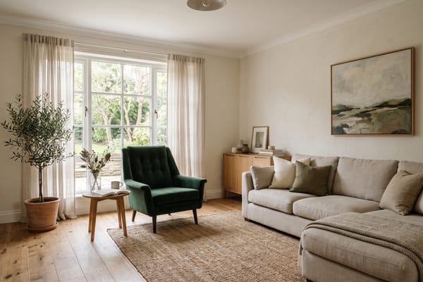 Living room with one swapped-in dark green velvet armchair