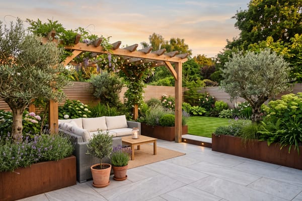 Designed garden patio with pergola, outdoor sofa and planters
