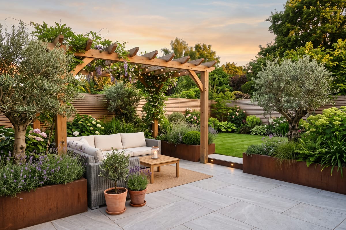 Designed garden patio with pergola, outdoor sofa and planters