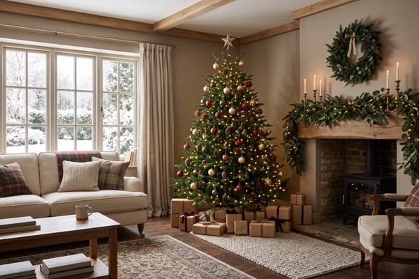 Living room tastefully decorated for the holidays