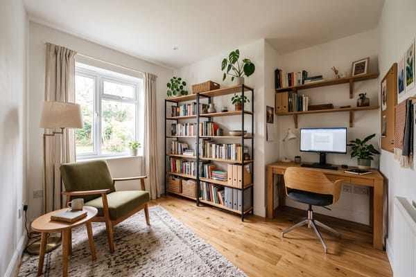 Spare room repurposed into a zoned home office and reading nook