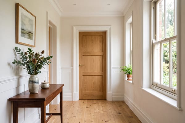 Hallway with a new oak interior door with brass hardware