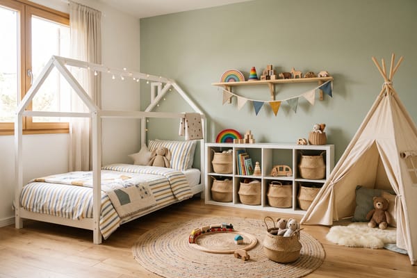 Kids' bedroom with a house-frame bed, play rug and toy storage