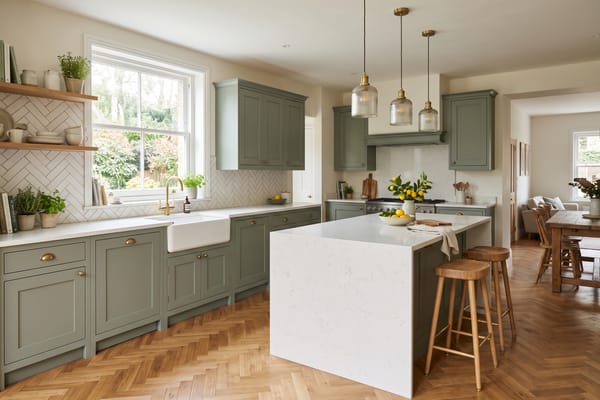Redesigned kitchen with sage-green shaker fronts and a quartz island