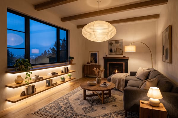 Living room at dusk with layered warm lighting