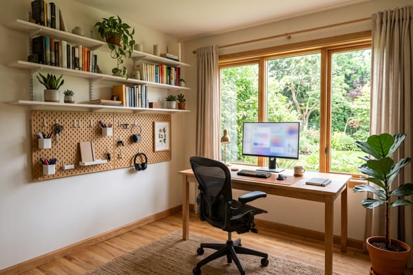 Redesigned home office with an oak desk by the window
