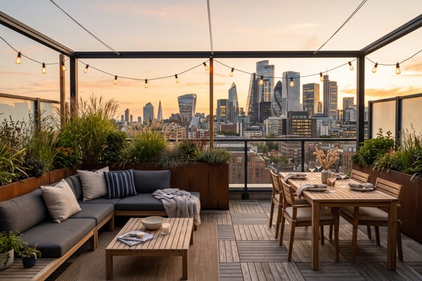 Rooftop terrace zoned into lounge and dining areas with string lights