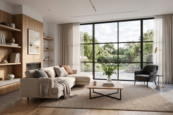 Photorealistic architectural render of a contemporary living room