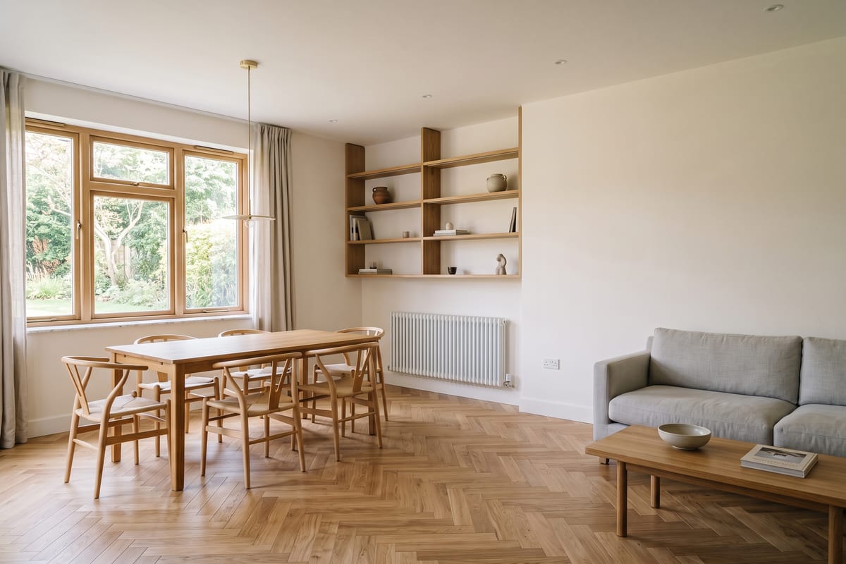 Freshly renovated open-plan living space with herringbone floor