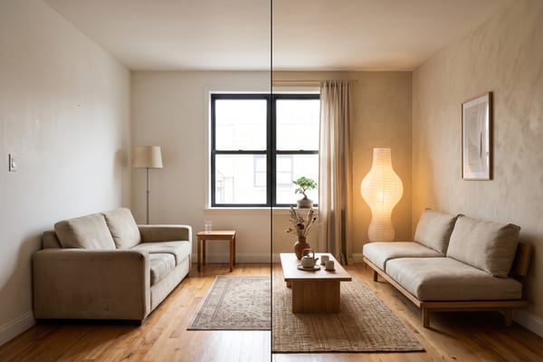 The same living room before and after a Japandi style transfer