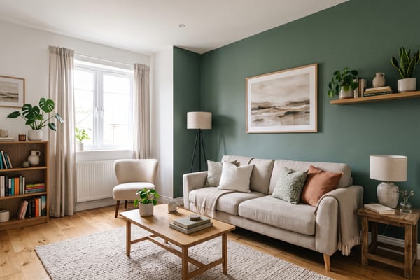 Living room with a freshly painted sage-green feature wall