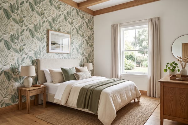Bedroom with a botanical-print wallpaper feature wall