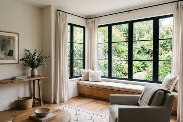 Living room with new slim black-framed windows and linen curtains